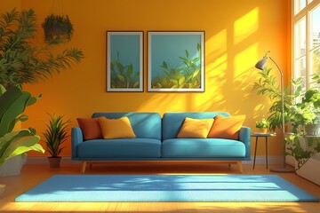 Bright Orange Cozy Sofa in Modern Interior with Vibrant Home Decor and Natural Light