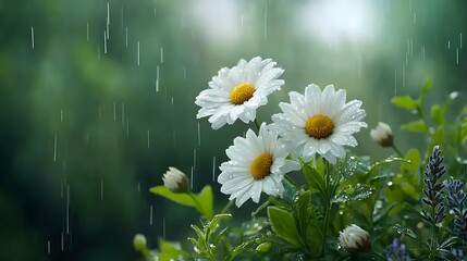 Spring rain falls on delicate flowers in nature’s blooming flora landscape