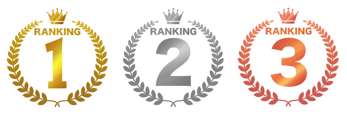 月桂樹　ランキング　1位　2位　3位　素材　飾り　エンブレム　ゴールド　シルバー　ブロンズ　見出し　あしらい　キラキラ　シンプル　高級感　豪華　おしゃれ　丸　囲み　リース　エレガント　優勝　順位　売上　挿絵　Ranking award,Set of three laurel wreath awards with place numbers 1 gold 2 silver and 3 bronze