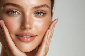 Fototapeta premium Beautiful Young Woman with Glowing Healthy Skin Touching Cheeks in Close-up Beauty Portrait