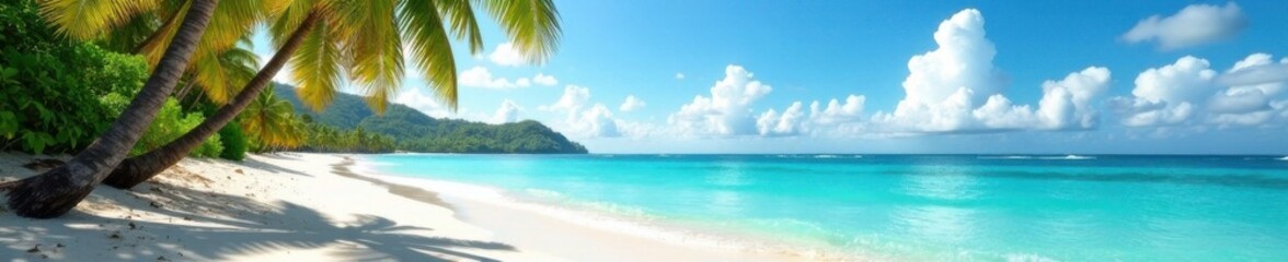 Obraz premium Tropical beach scene with palm trees and waves, sandy beach, ocean views