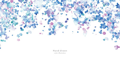 水彩画。水彩タッチの紫陽花イラスト。夏の梅雨の紫陽花背景。水彩のベクターイラスト。Watercolor painting. Hydrangea illustration with watercolor touch. Summer rainy season hydrangea background. Watercolor vector illustration.