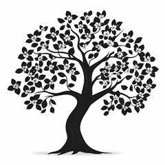 Elegant Black Tree Silhouette: Minimalist Nature-Inspired Vector Illustration with Blooming Branches and Organic Greenery