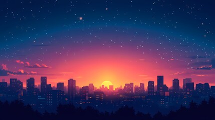 Peaceful Urban Cityscape at Sunset - Digital Art Vector of Colorful Twilight Sky with Stars