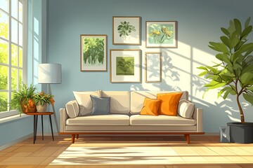 Fototapeta premium Modern Interior Design with Colorful Sofa and Nature-Inspired Decor - Home Living Room Ideas