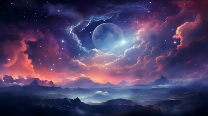 Dramatic Night Sky Over Misty Mountain Landscape with Vivid Clouds and Stars a Dreamlike Celestial Scene