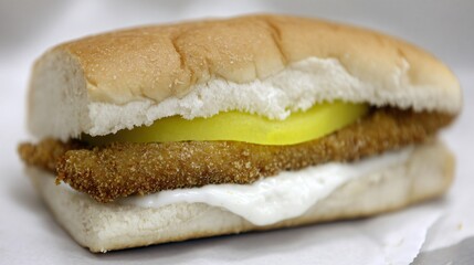 Fried cutlet sandwich with sauce & sliced pickle. Delicious & simple snack