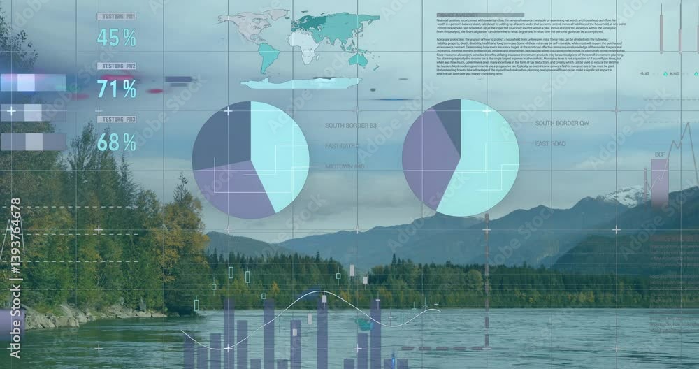 Poster data visualization and graphs animation over serene lake and mountain landscape