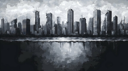Gray Abstract Cityscape Skyline Reflecting on Water featuring Modern Buildings and Skyscrapers in an Urban Landscape on Grayish Background