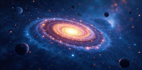 Swirling galaxy with numerous stars and planets in a dark blue background, nebula, cosmos