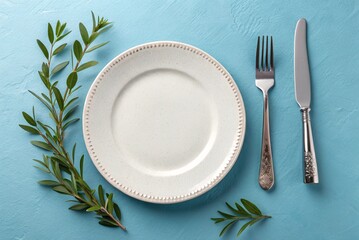 Empty plate with fork and knife on blue background - generated by ai