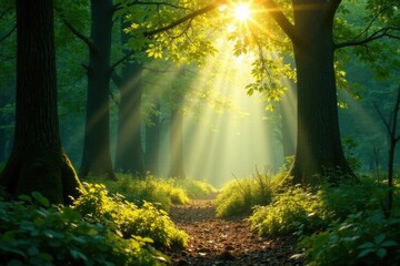 Wald scene with sunbeams dancing through leaves, forest, woods, natural