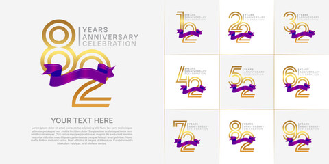 Anniversary logo type set with double line number. golden and silver color with purple ribbon for celebration event