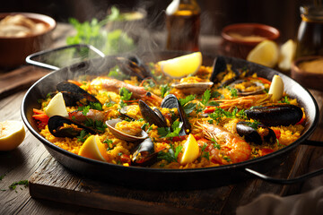 dish portrait of traditional Spanish paella, served in a rustic paella pan, vibrant golden saffron rice topped with an array of fresh seafood including mussels, shrimp, clams, and calamari, garnished 
