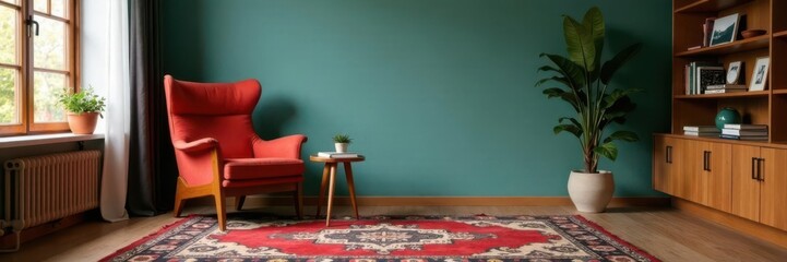 Vintage rug under mid century modern armchair with side table and bookshelf, vintage rug, retro style living room