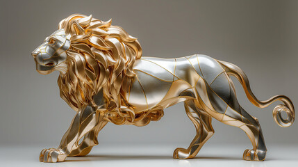 Abstract Golden Lion: Elegant Lion Sculpture with a Metallic and Geometric Design.