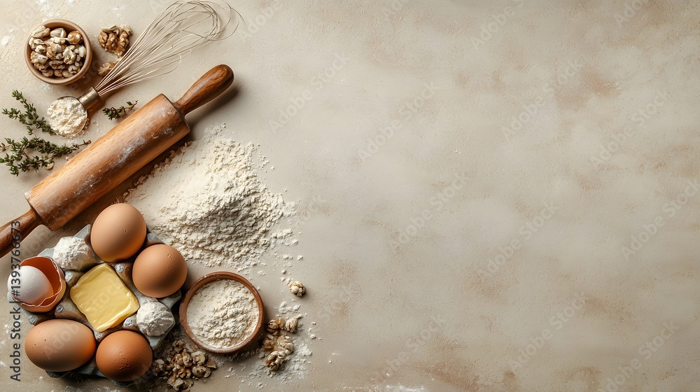 Poster an arrangement of various baking ingredients and cooking utensils including flour eggs a rolling pin