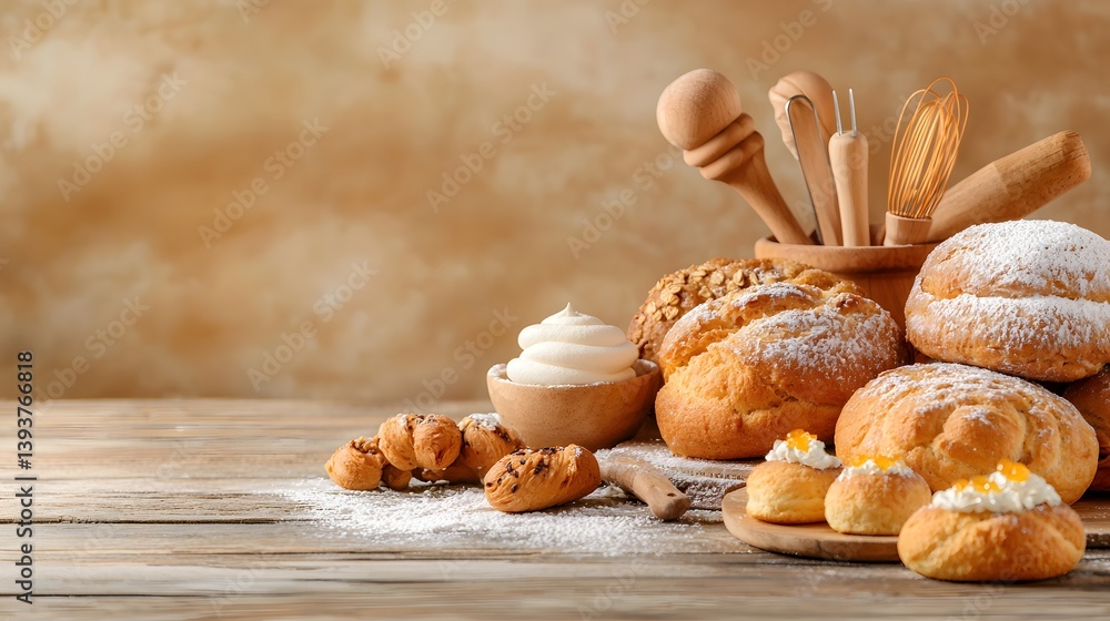 Poster an array of warm homemade breads rolls and sweet pastries arranged on a rustic wooden table accompan