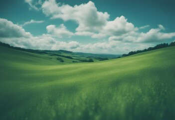 Obraz premium hills landscape sky blue grass green summer clouds fields country morning environment scenery countryside sun cartoon horizon view background ai illustration nature meadow farm art cloud colourful