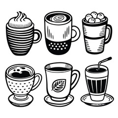 Hand-Drawn Coffee Cup Doodle Set – 6 Unique Black and White Illustrations