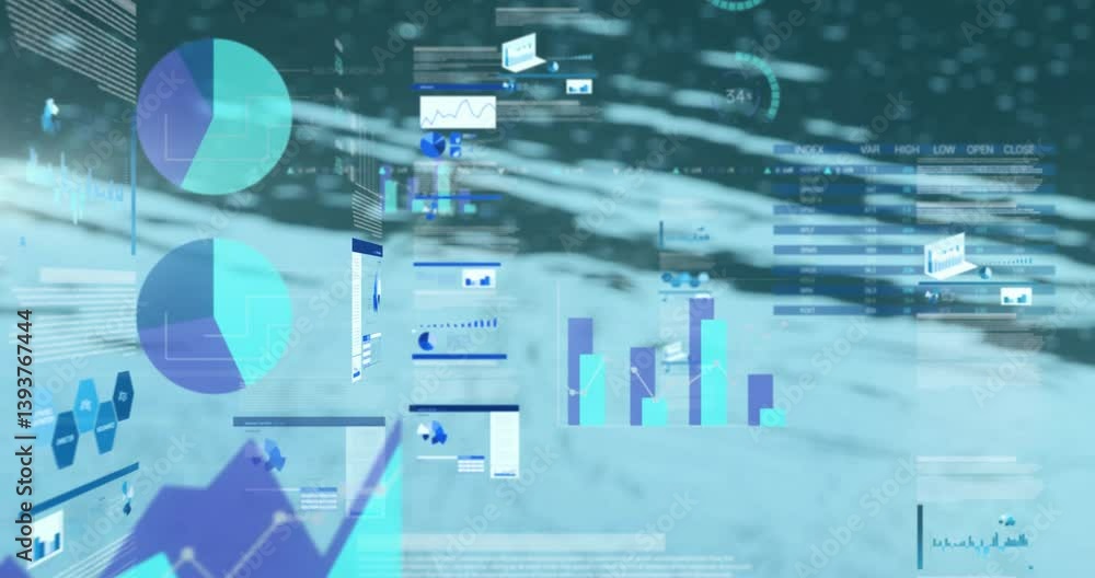Poster data charts and graphs animation over abstract blue and white background