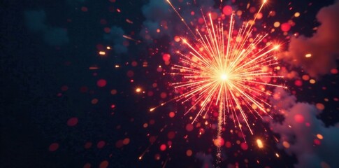 Vibrant fireworks exploding in mid-air with colorful sparks and glittering embers , aerial explosion, fireworks explosion, burst