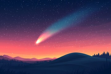 Fototapeta premium Magical Night Sky with Comet and Stars: Dreamy Landscape Illustration and Celestial Scenery