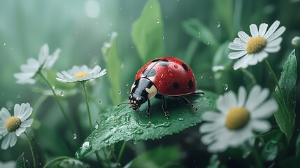 Spring nature flora action ladybug on dewy flower leaf in vibrant environment
