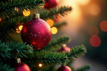 Fototapeta premium Vibrant baubles adorn a festive Christmas tree under a canopy of soft light , sparkling, shine