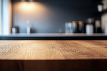 Wooden table top in blurry modern kitchen interior background
