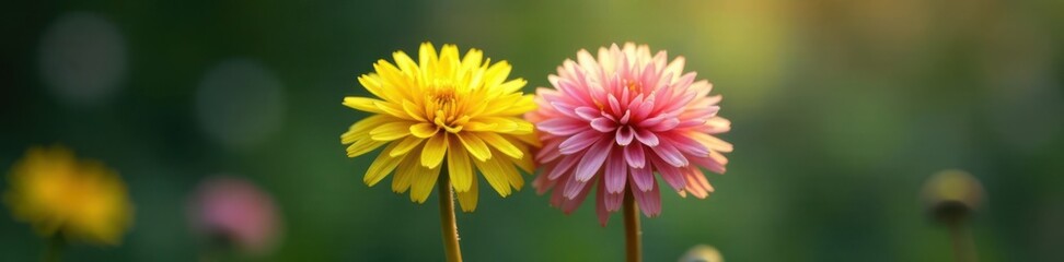 Two dandelion flowers facing each other with petals entwined, delicate, dandelions