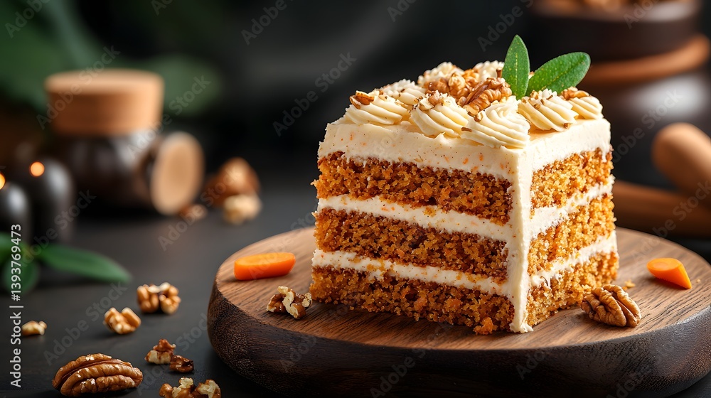Poster a decadent and visually appealing layered cake adorned with a rich creamy frosting and sprinkled wit