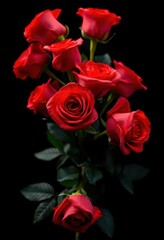 Dramatic red roses bouquet on black background, ample copy space, elegant, dark