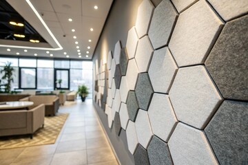 Hexagon felt acoustic panels, modern interior design, soundproofing decor, geometric wall decoration, stylish felt panels for home and a shallow depth of field - generated by ai