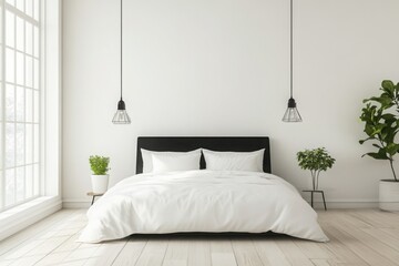 Minimalist Bedroom Interior with Queen Bed, White Linens, and Large Window | Modern Home Decor and Relaxation Space for Real Estate Marketing