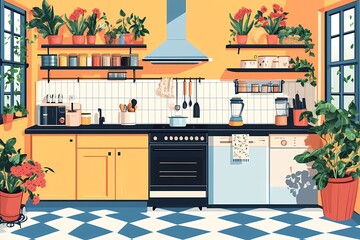 Modern Vibrant Kitchen Interior with Plants, Colorful Decor, and Elegant Cabinets - Bright and Cozy Culinary Space