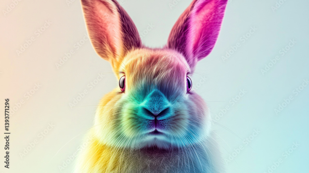 Aufkleber a rabbit with rainbow colored fur is staring at the camera. the rabbit's eyes are wide open, and it 