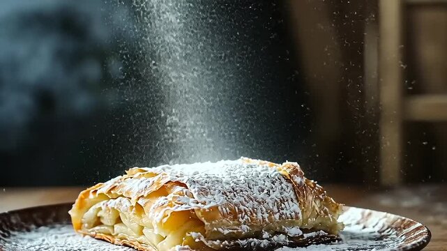 Delicious apple strudel dusted with powdered sugar on a rustic wooden plate in a cozy caf? setting