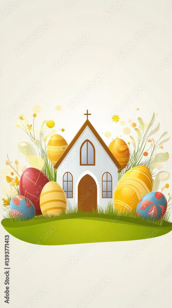Poster a house with a cross on the roof and a bunch of eggs surrounding it. the eggs are of different color