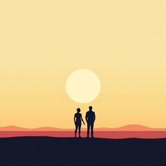 Far silhouette of men and women stand on the horizon
