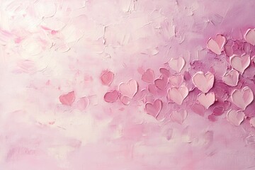 Abstract Textured Impasto Oil Painting Background with Pink Hearts and White Copy Space