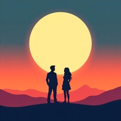 Far silhouette of men and women stand on the horizon