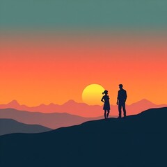 Far silhouette of men and women stand on the horizon