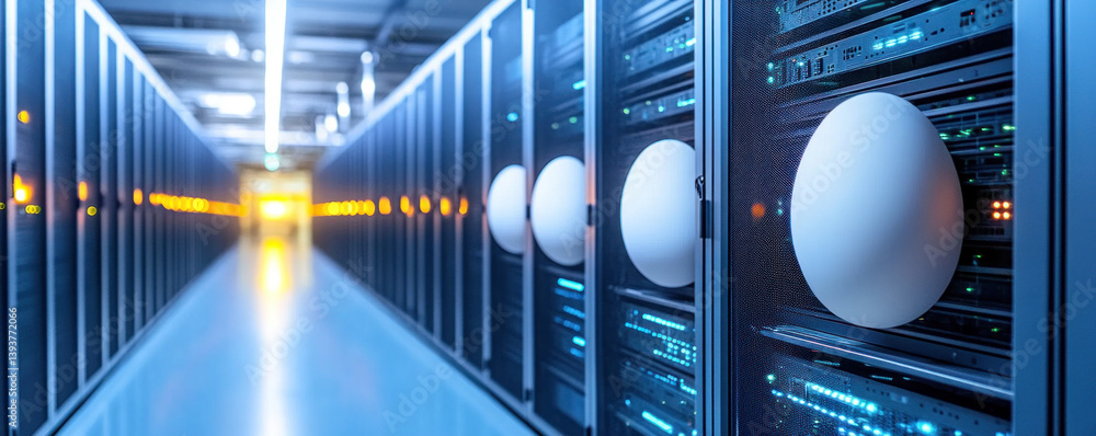 Poster a computer server room with many servers and a white egg on top of one of them. the egg is surrounde