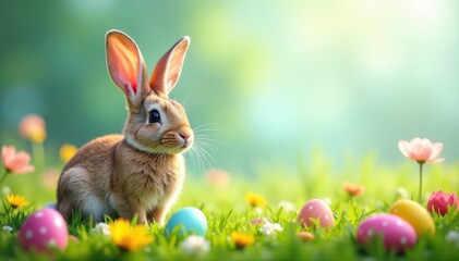 Spring floral meadow with Easter bunny ears and eggs , spring, bunnies