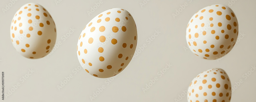 Poster a group of eggs with polka dots are flying through the air. the eggs are white and yellow, and they 