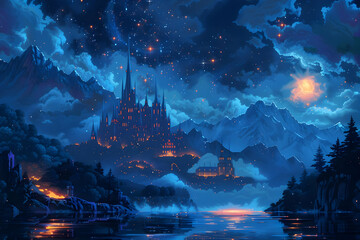 Fantasy Nightscape With Mountain Range Castle Silhouette Stars And Water Reflections With Trees In Artistic Style