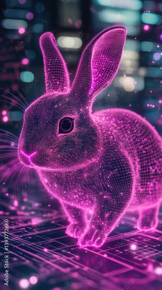 Aufkleber a rabbit is standing on a computer screen with a purple background. the rabbit is surrounded by a gl