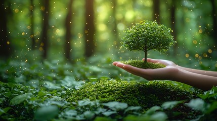 Hand holding sapling tree growth nature conservation
