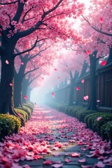 Softly falling sakura petals drift through the fog, watercolor effect, bloom